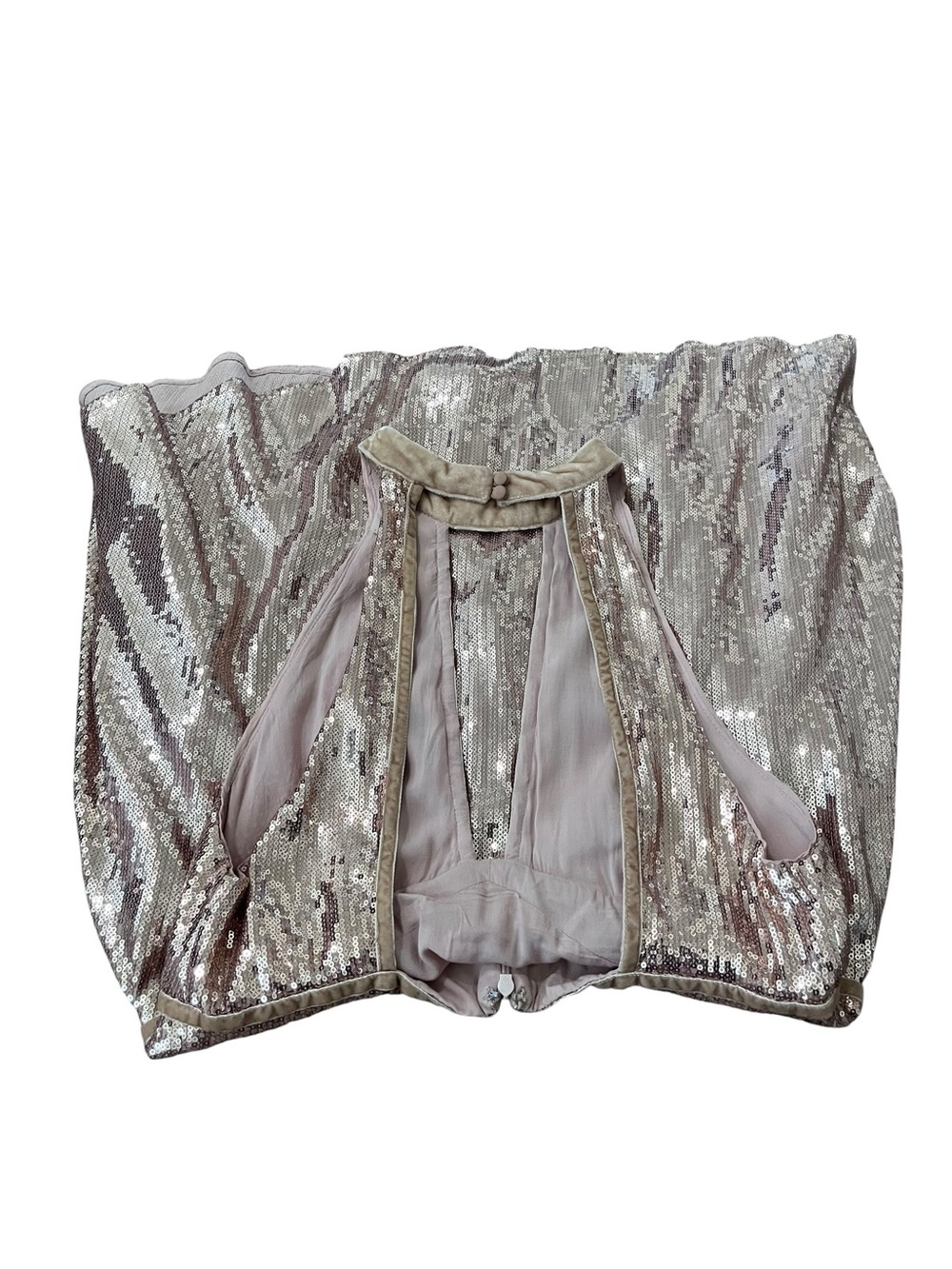 😎 Free People Film Noir Rose Gold Sequin Velvet Trim Halter Mini Dress - Size 8 - Picture 12 of 16